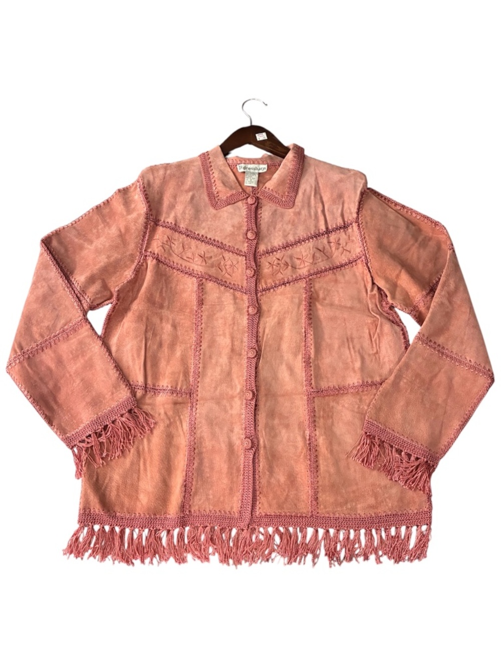 Suede Patchwork Embroidered Jacket M Fringe Blush Pink Floral Embroidered Coat
